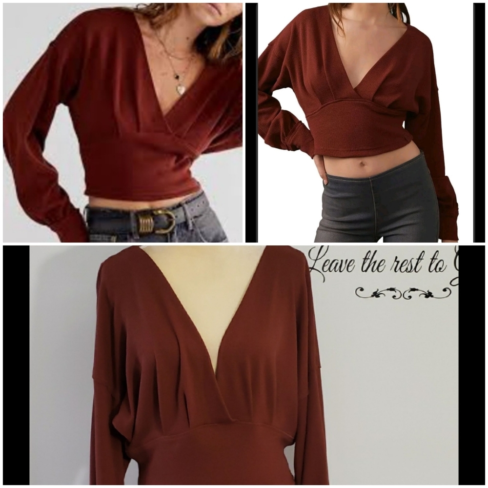NWT Free People All Nighter Long Sleeve Waffle Crop Top - XL - Red Jasper